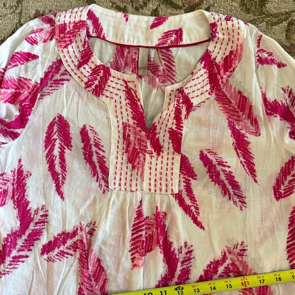 Pink White Leaf Print Womens Boho Tunic L Top 3/4 Sleeves Lightweight - Picture 6 of 10
